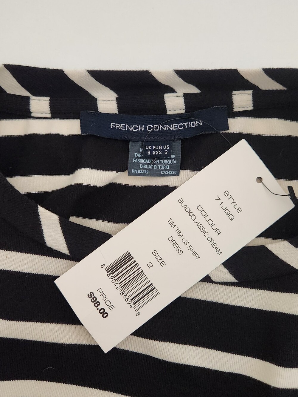 French Connection Striped Long-Sleeve Shift Dress in Black & White New With Tags - Picture 2 of 4